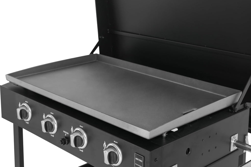 2026 METRO PROFESSIONAL Barbecue Plancha à Gaz avec 4 Brûleurs Dayton, Acier Inoxydable, 14.8 kW, Allumage par Impulsion, 4 roulettes Pivotantes, Pliable, Noir