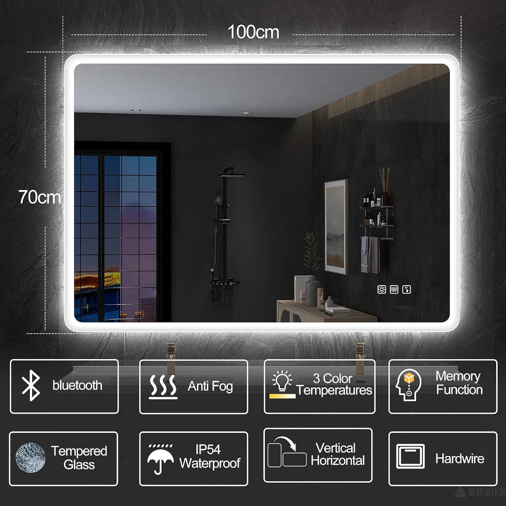 2026 Miroir de salle de bain S'bagno avec éclairage 1200 x 700 mm, IP44, LED, Bluetooth, antibuée, 3 couleurs de lumière (3 000 K, 4 000 K, 6 500 K), intensité variable, mémoire, vertical ou horizontal. Miroirs de salle de bain avec LED.