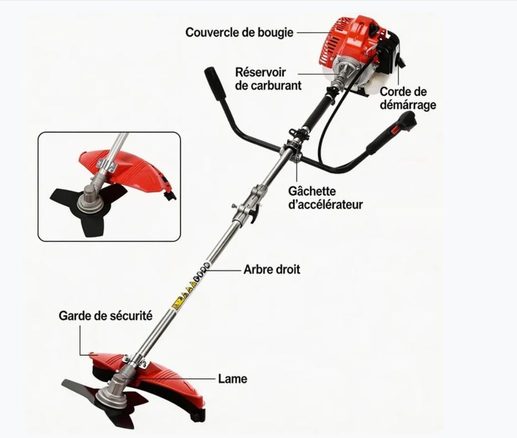 2026 Débroussailleuse à essence 52 cc 2 temps, tige droite avec système anti-vibration, sangle de transport + accessoires pour coupe de jardin et entretien du paysage (2 en 1)