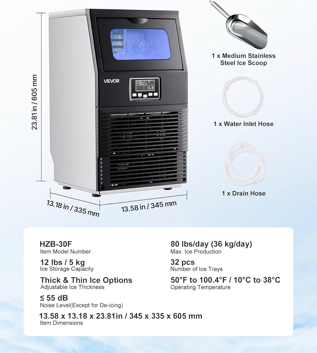 2026 VEVOR Machine à Glaçons Commerciale 36 kg/24 h, Appareil de Préparation de Glaçons avec Capacité de Stockage de 5 kg, 32 Cubes par Cycle, avec Écran LED et Nettoyage Automatique, Restaurant Bar